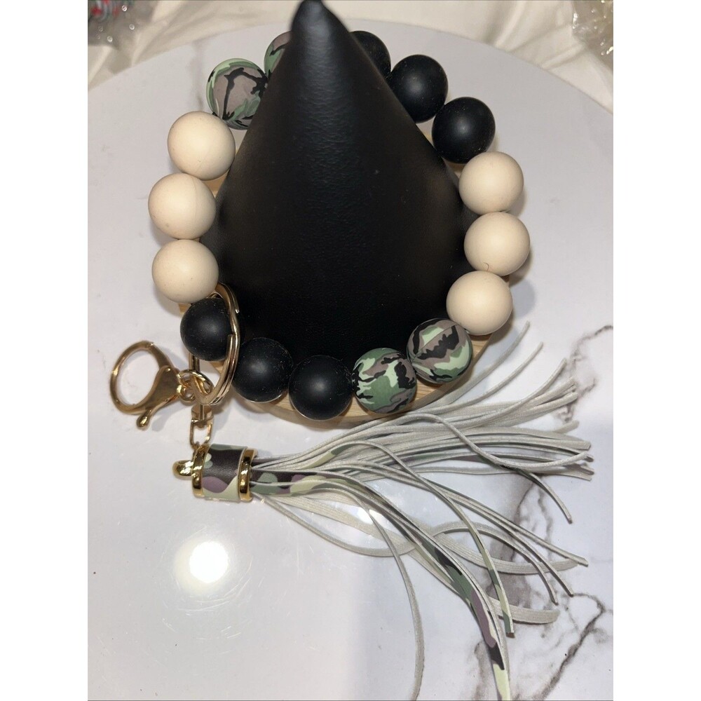 Silicone Beaded Wristlet Keychain Bracelet Tassel Key Ring Holder